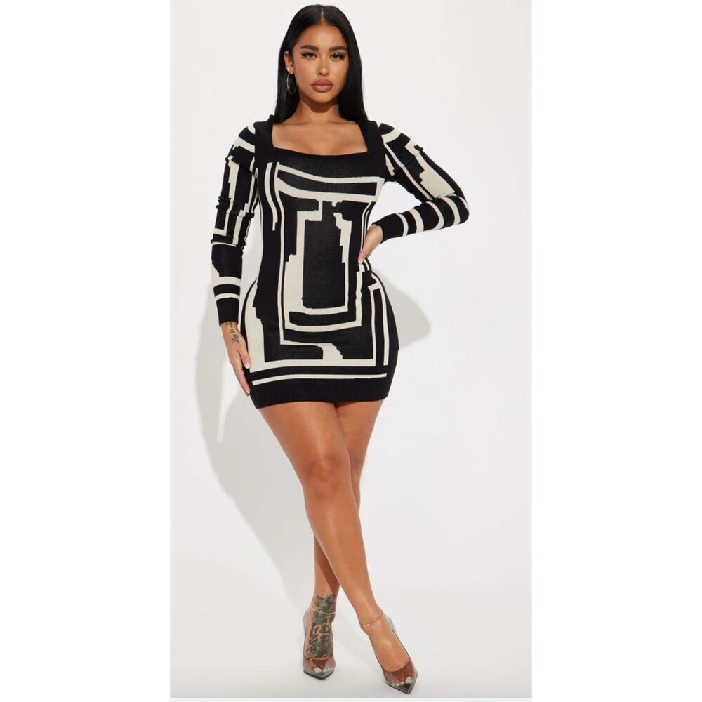 FashionNova Aster Knit Mini Dress Black White Size Medium NWT